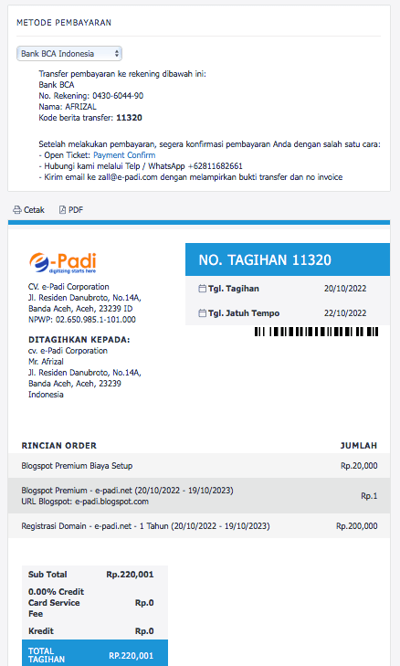 contoh tagihan invoice hosting epadi