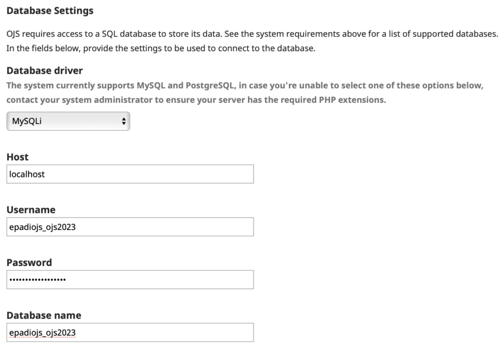 Database Settings OJS 3 by epadi hosting
