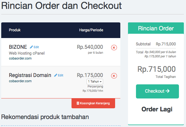 Rincian Order dan Checkout